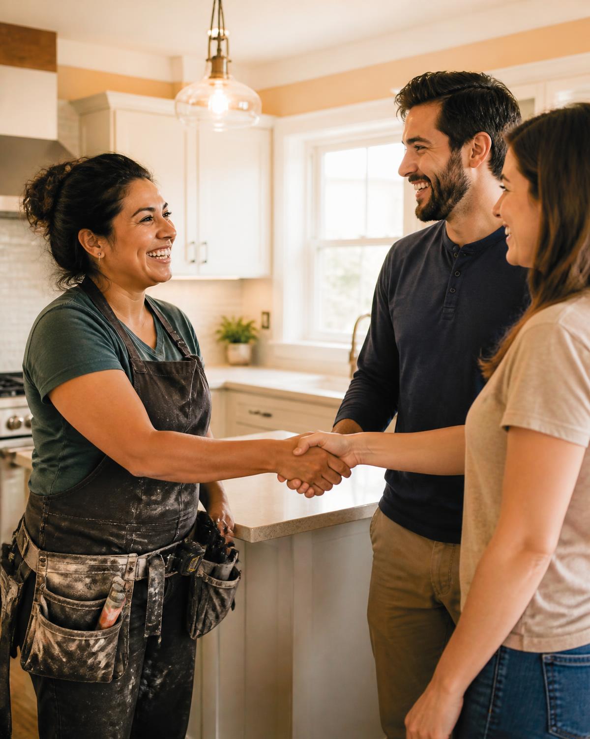 A contractor shaking hands with happy homeowners in a newly renovated kitchen